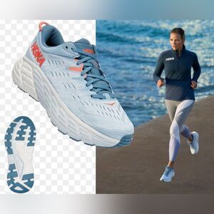 Hoka Gaviota 4 running shoes in a light blue with coral accents; Women Size 8.5